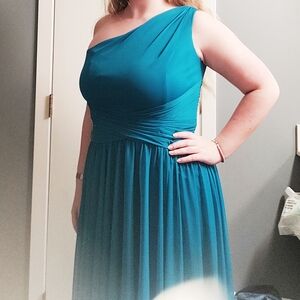 David's Bridal Teal One-Shoulder Gown